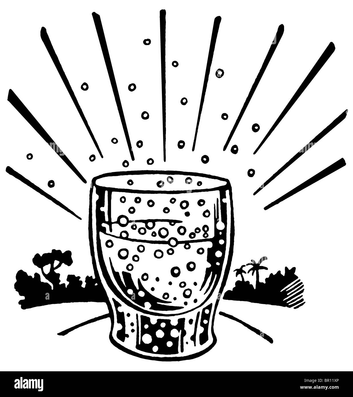 Eine schwarz-weiß Version einer Illustration von einem prickelnden drink Stockfoto