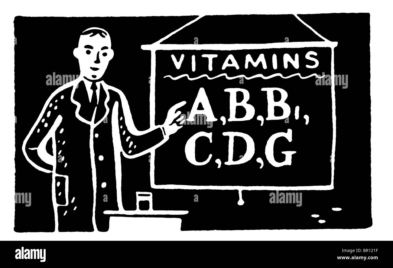 Eine schwarz-weiß Version einer Illustration von einem Mann mit einem Schild mit der Aufschrift Vitamine A, B usw. Stockfoto