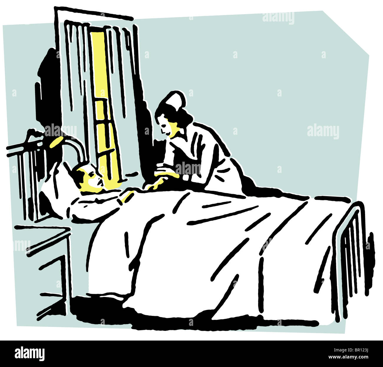 Eine Vintage Illustration einer Krankenschwester, die tendenziell ein patient Stockfoto