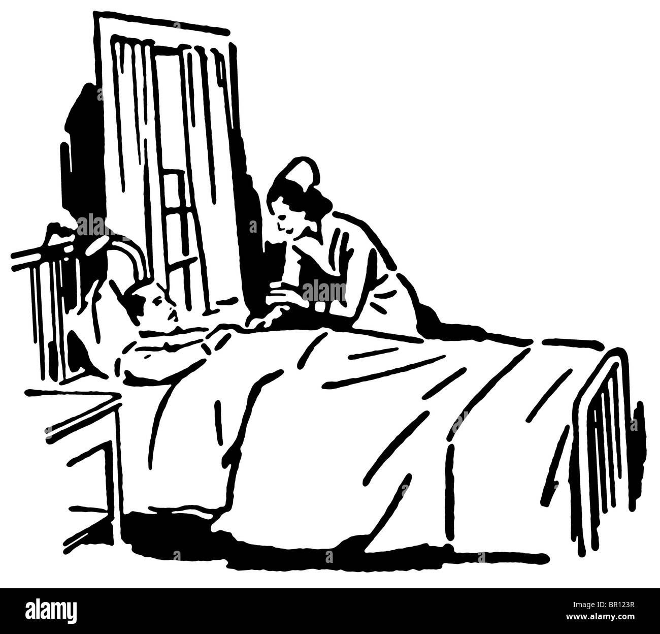 Eine schwarz-weiß Version einer Vintage Illustration einer Krankenschwester, die tendenziell ein patient Stockfoto