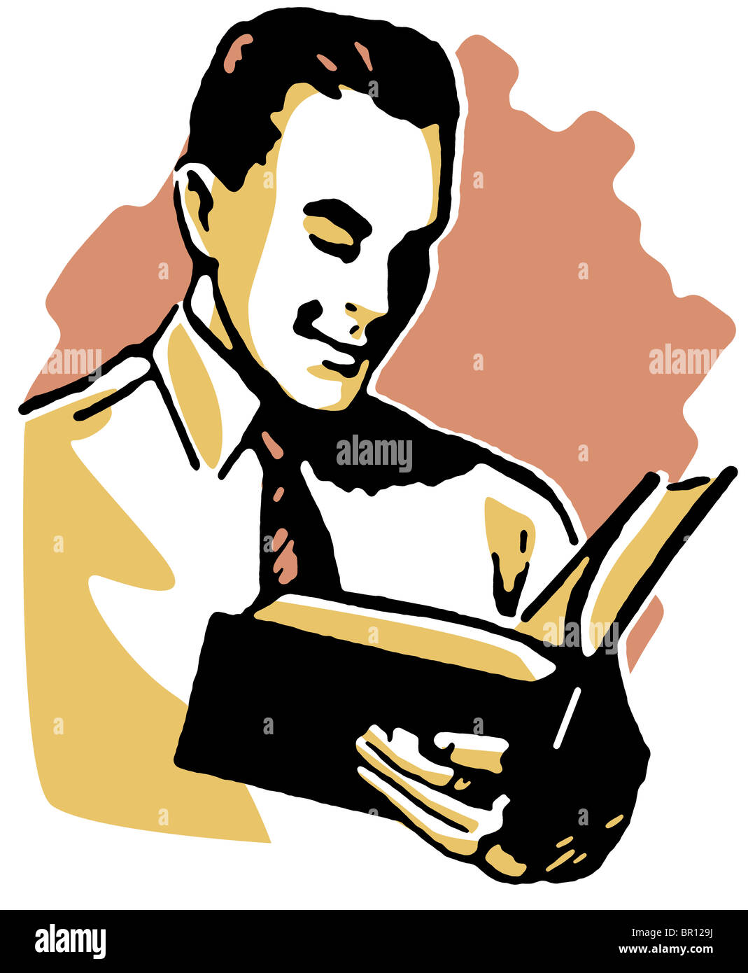 Oldtimerbus Zeichnung eines Mannes, ein Buch zu lesen Stockfoto