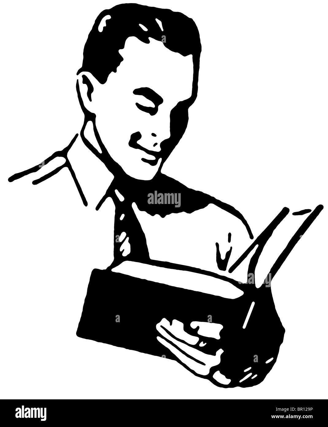 Eine schwarz-weiß Version eines Jahrgangs, die Zeichnung eines Mannes, ein Buch zu lesen Stockfoto