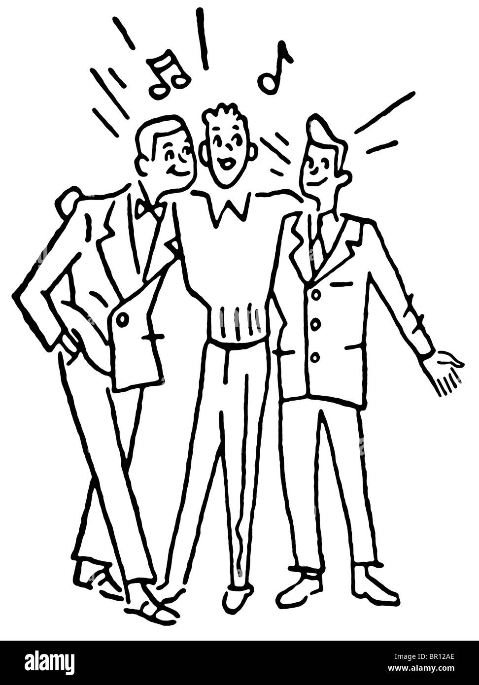 Eine schwarz-weiß Version einer Gruppe von drei Männern, die gemeinsam singen Stockfoto