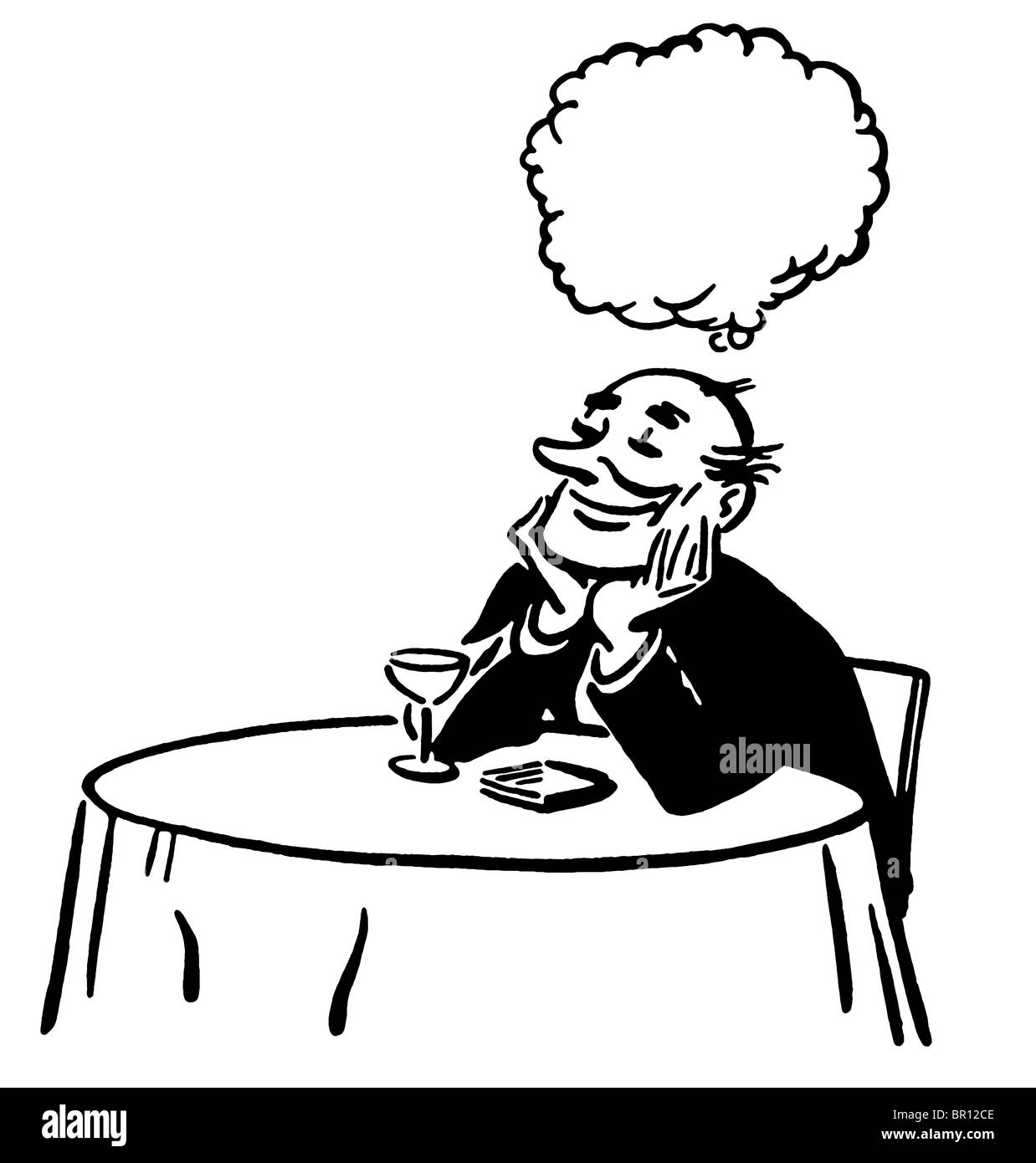 Eine schwarz-weiß Version einer Illustration eines Mannes Tagträumen an einem Cocktail-Lounge-Tisch Stockfoto