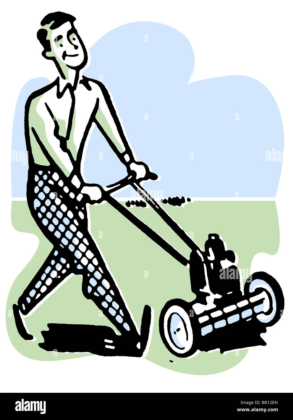 Ein Mann bewegen die Rasenflächen Stockfoto