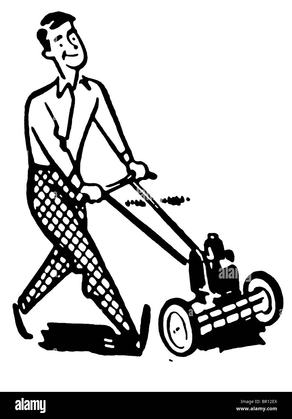 Eine schwarz-weiß Version eines Mannes bewegt die Rasen Stockfoto