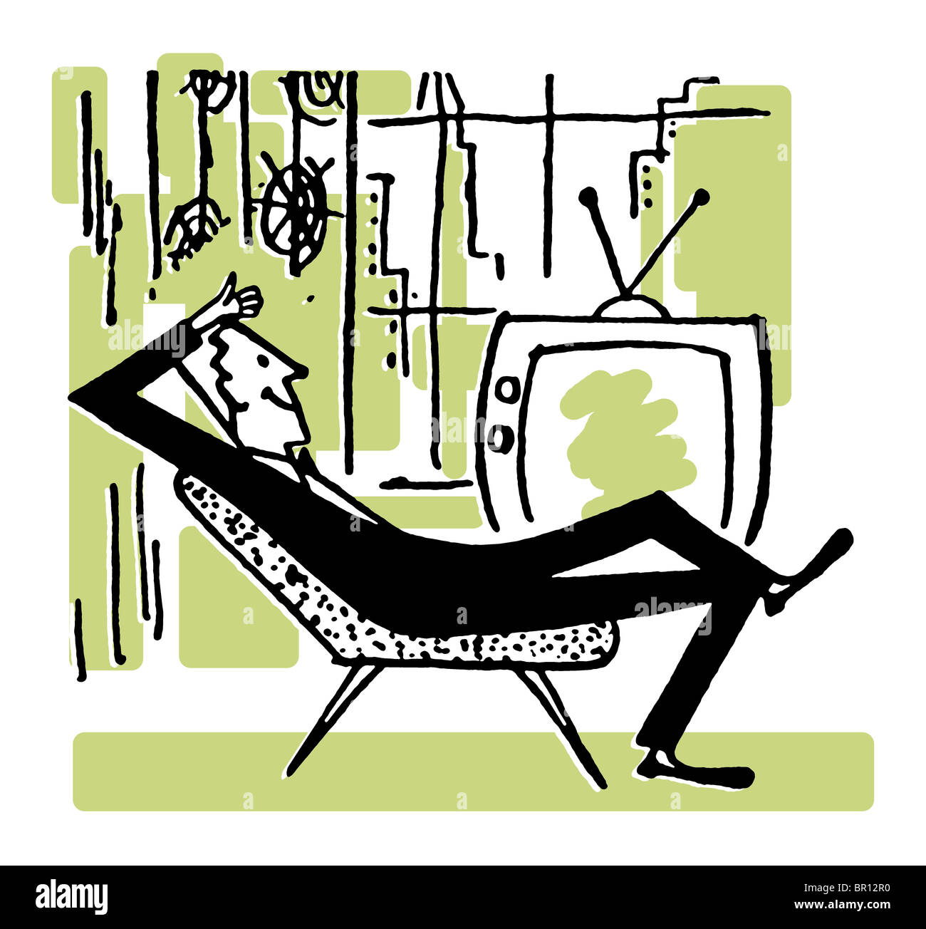 Eine vereinfachende Karikatur eines Mannes vor dem Fernseher entspannen Stockfoto