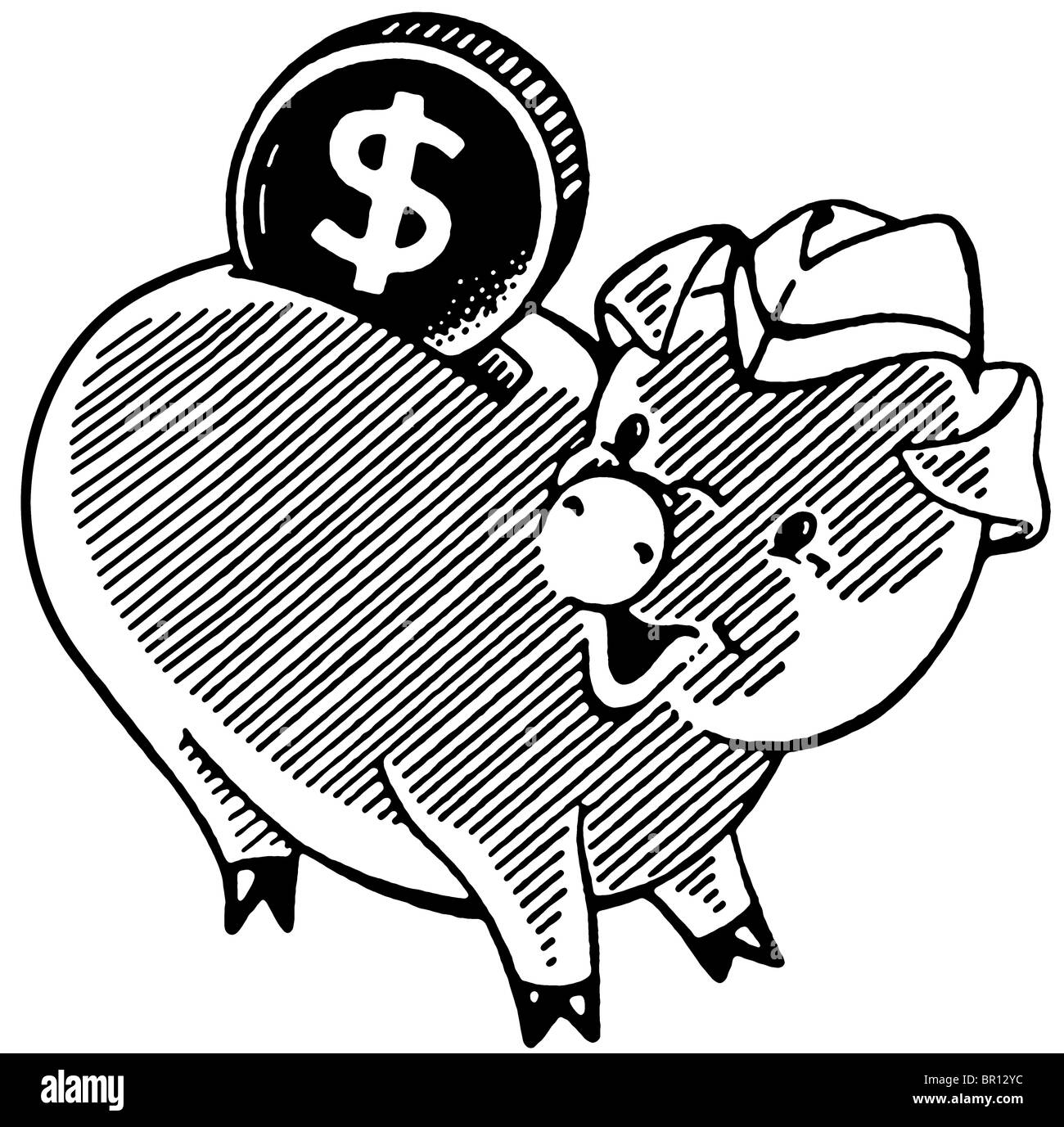 Eine schwarz-weiß Version einer glücklich aussehende Piggy Bank mit einem großen US-dollar Stockfoto