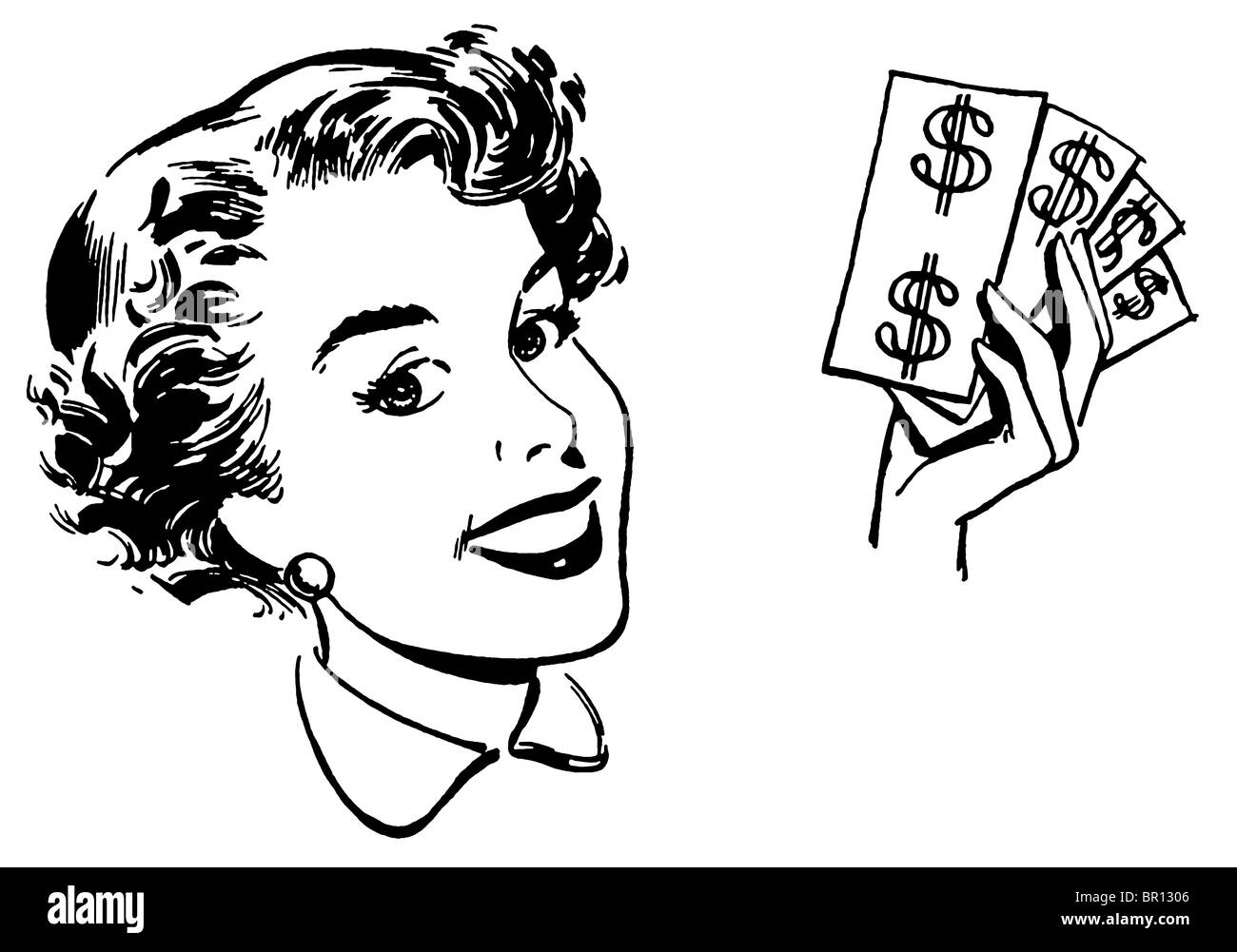 Eine schwarz-weiß Version eines grafischen Porträt einer Frau mit Bargeld Stockfoto