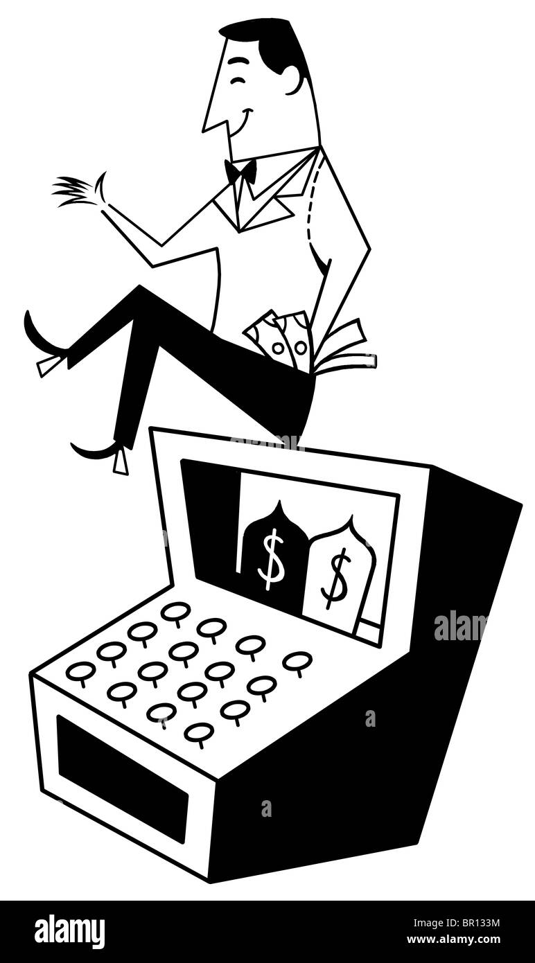 Eine schwarz-weiß Version eines erfreut Geschäftsmannes auf eine Registrierkasse Stockfoto