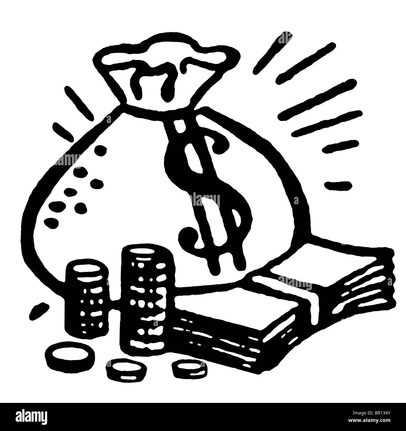 Eine schwarz-weiß Version von einer Tasche und Haufen Geld Stockfoto