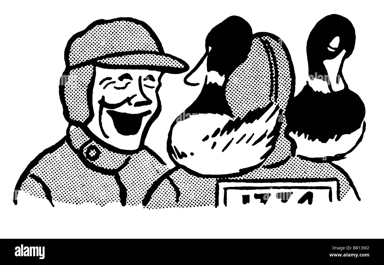 Eine schwarz-weiß Version von einem lustigen aussehende Mann genießen eine Jagd Stockfoto