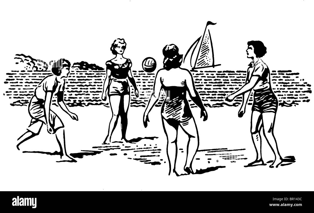 Eine schwarz-weiß Version einer Gruppe von Menschen spielen Beach-volleyball Stockfoto