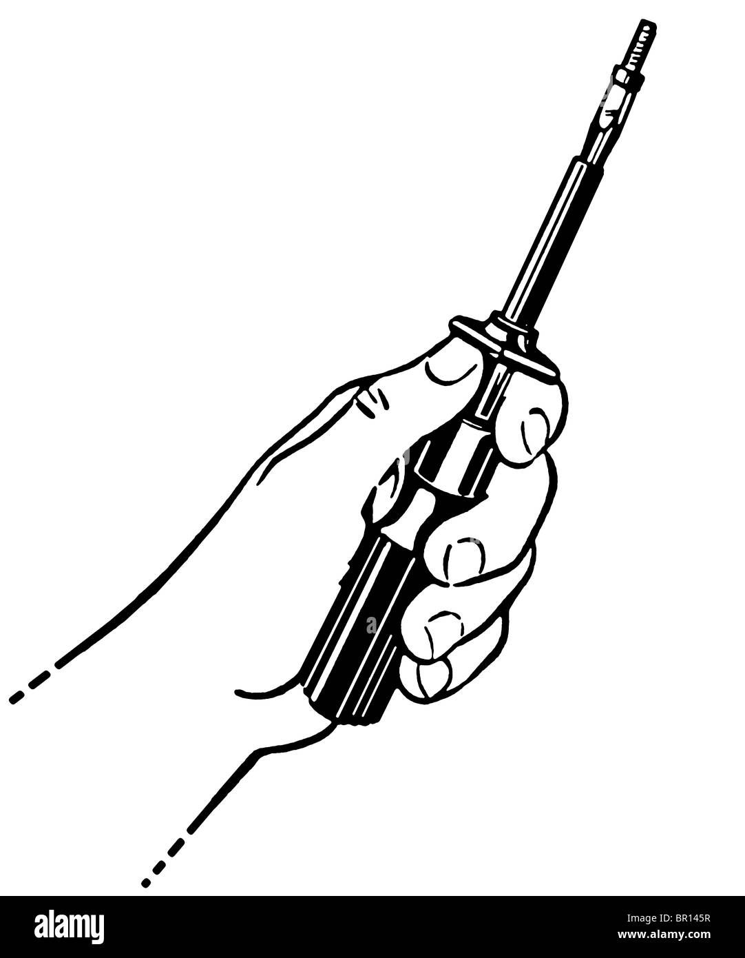 Eine schwarz-weiß Version eines Jahrgangs, die Zeichnung eines Schraubenziehers Stockfoto