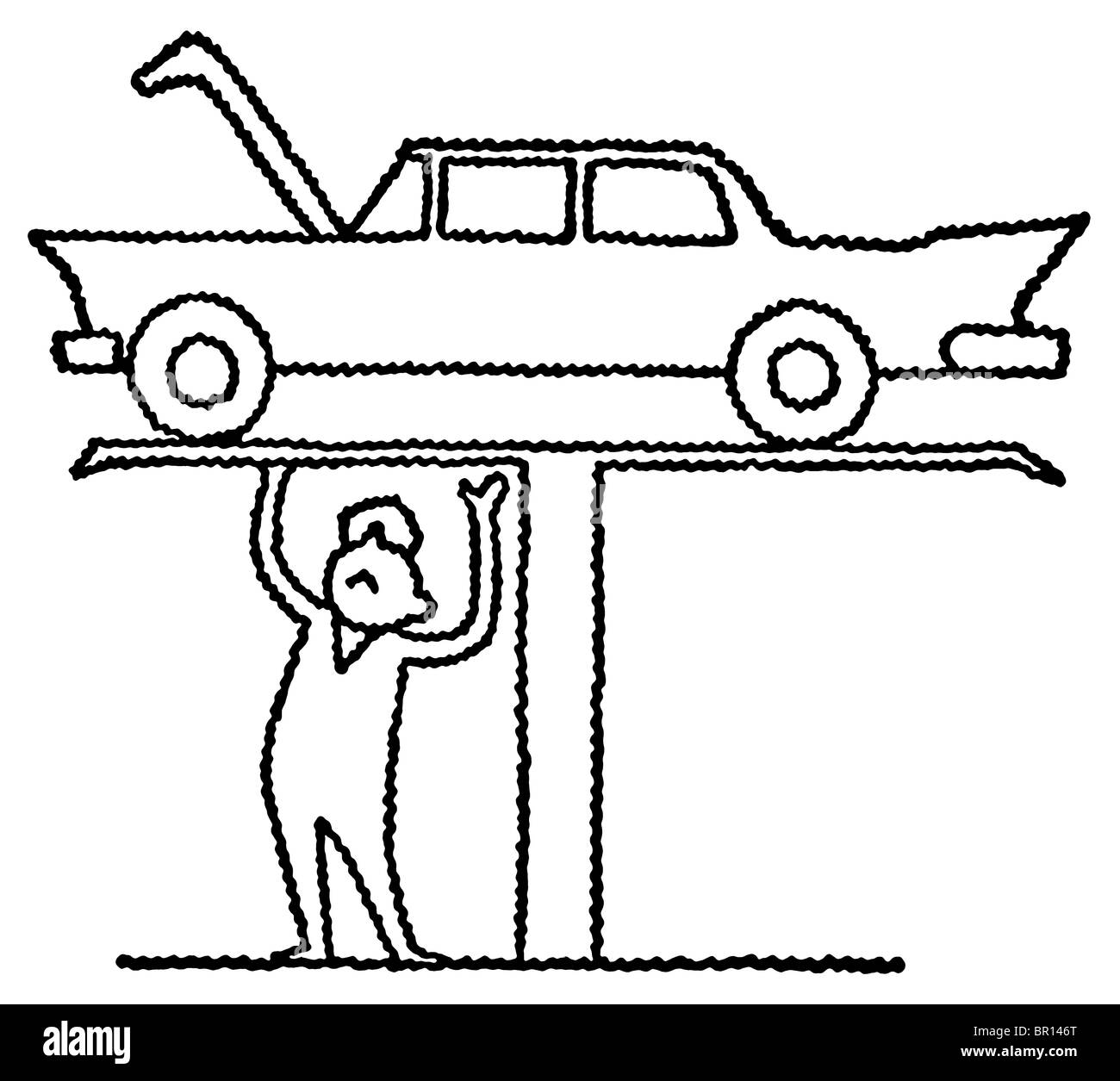 Eine schwarz-weiß Version einer Illustration eines Mechanikers arbeiten auf einem Auto Stockfoto