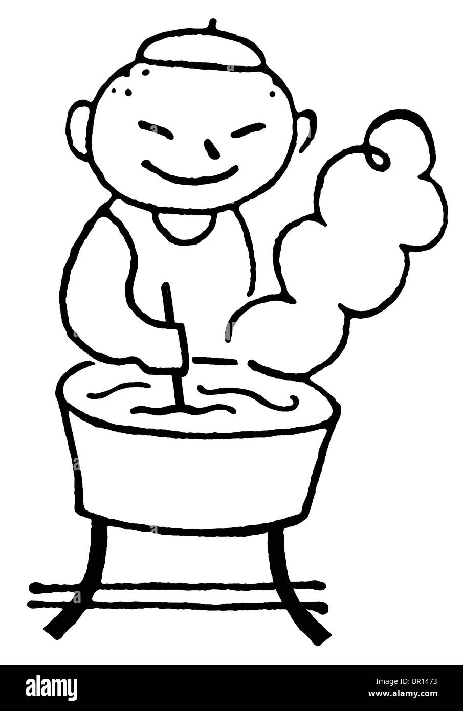 Eine schwarz-weiß Version von einem Cartoon-Stil eines Mannes, die Wäsche von hand zeichnen Stockfoto