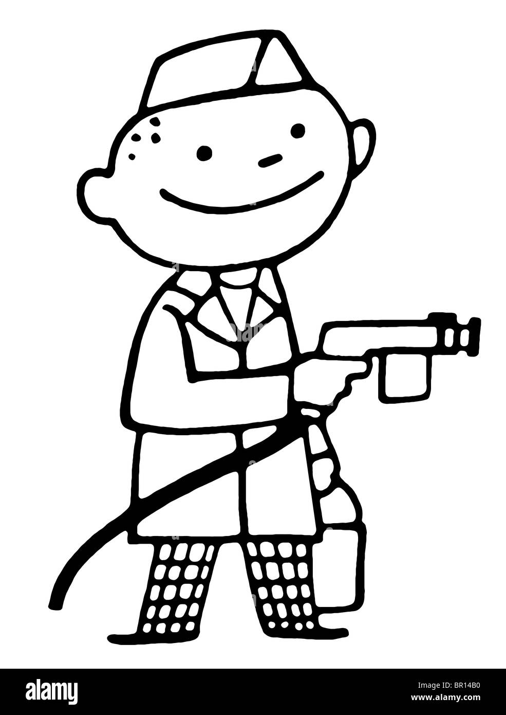 Eine schwarz-weiß Version von einem Cartoon-Stil, Zeichnung eines Mannes als eine Autowäscher Stockfoto