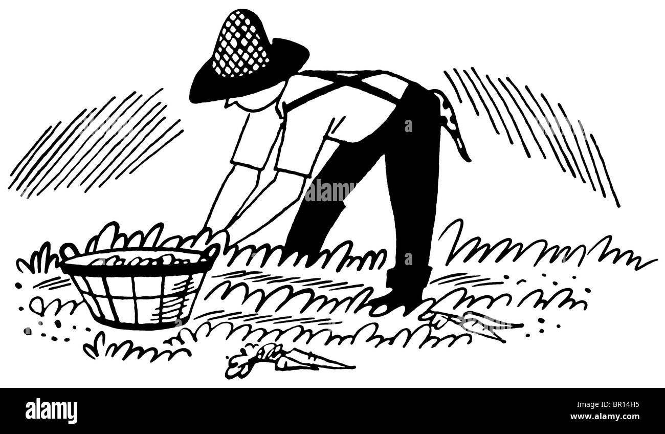 Eine schwarz-weiß Version einer Illustration eines Mannes bei der Feldarbeit Stockfoto