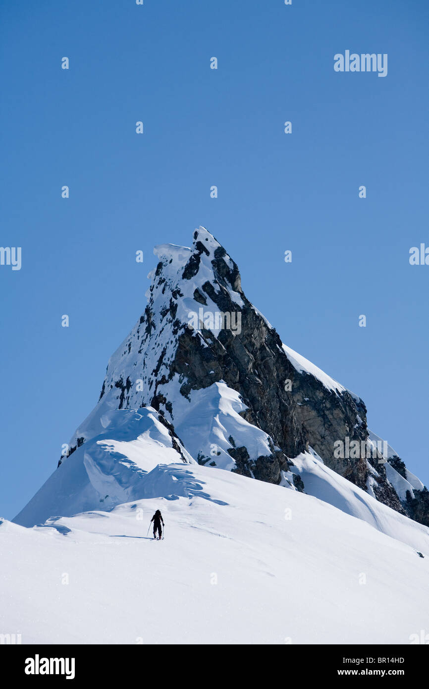 Telemark-Skifahrer fährt ins Hinterland auf sonnigen blauen Himmel Tag. Stockfoto