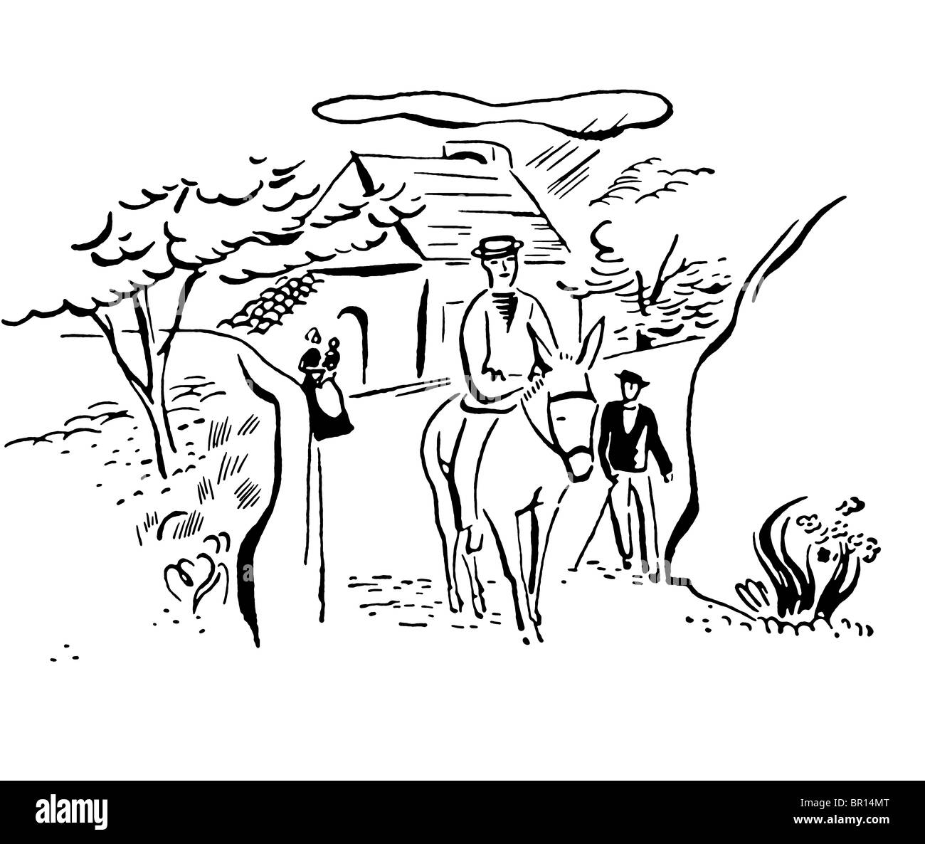 Eine schwarz-weiß Version eines Jahrgangs, die Zeichnung von einem Mann auf einem Esel in einem italienischen Dorf Stockfoto