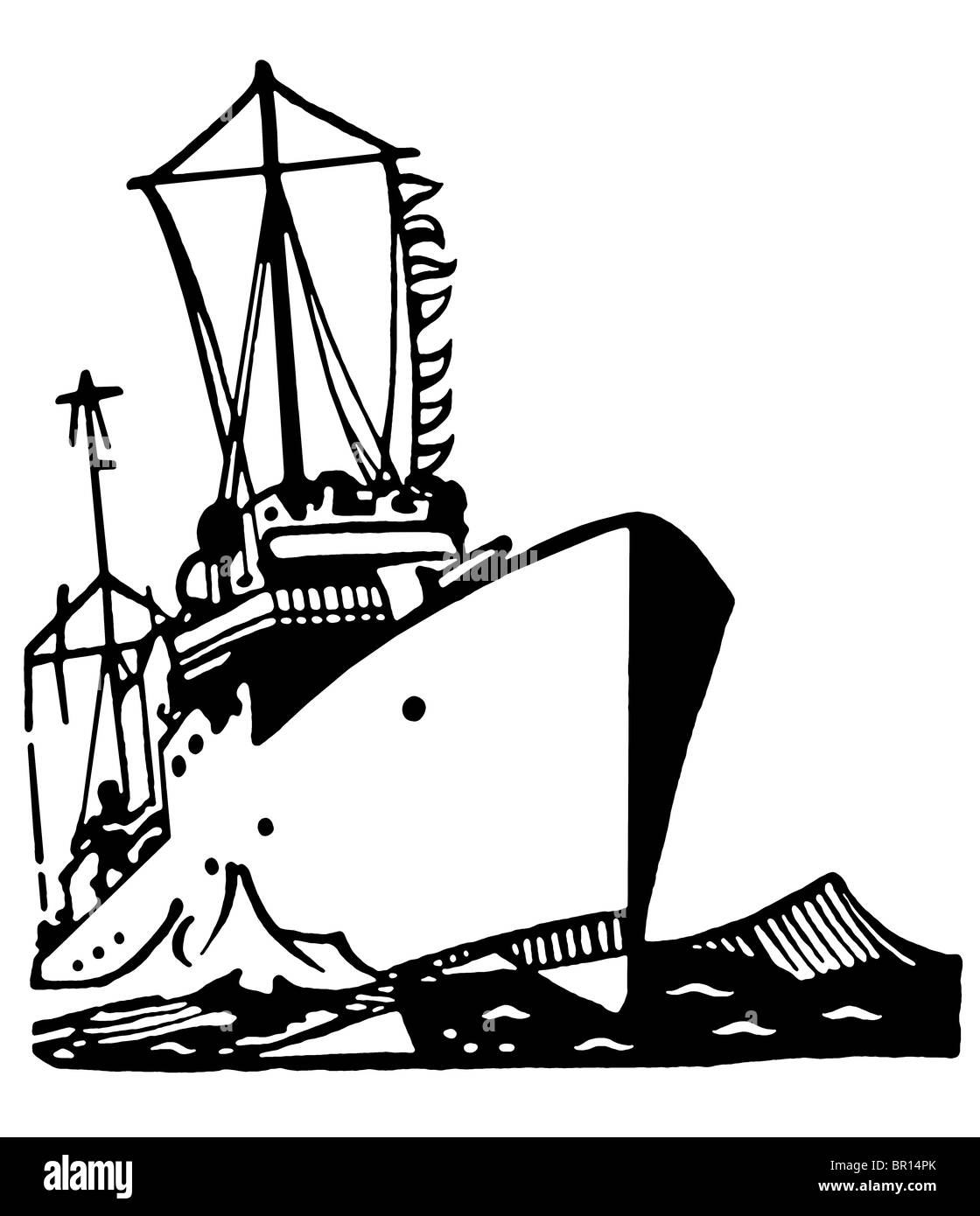 Eine schwarz-weiß Version einer Vintage Illustration eines Schiffes Stockfoto