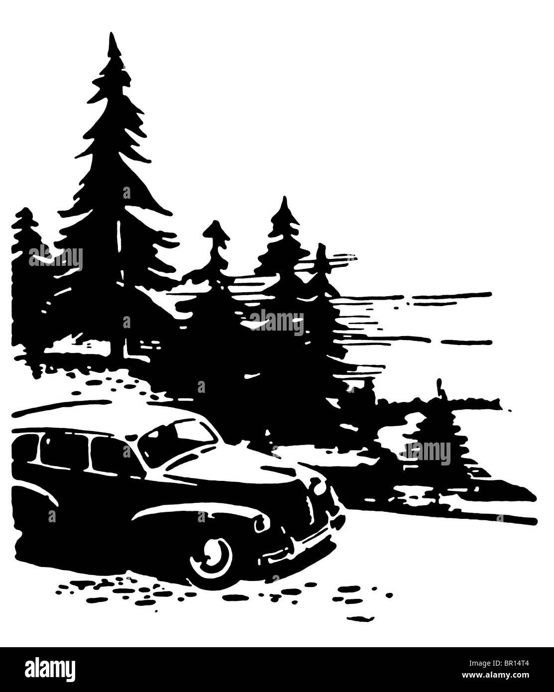 Eine schwarz-weiß Version einer Vintage Illustration eines Oldtimers Stockfoto