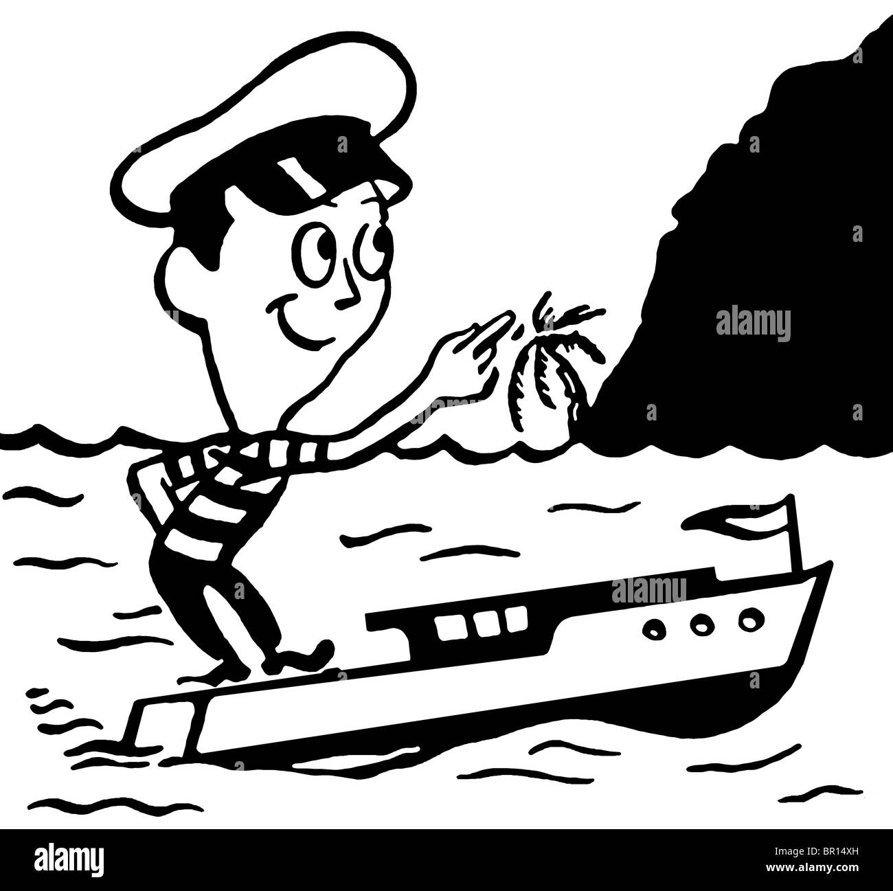 Eine schwarz-weiß Version einer Cartoon-Stil Vintage Illustration von ein kleiner Mann in einem Boot Stockfoto