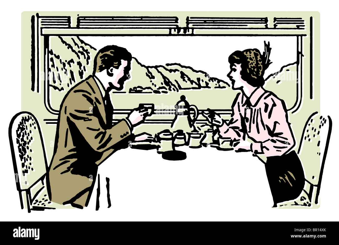 Eine Vintage Illustration von ein paar Restaurants und Bars in einem Zug-restaurant Stockfoto