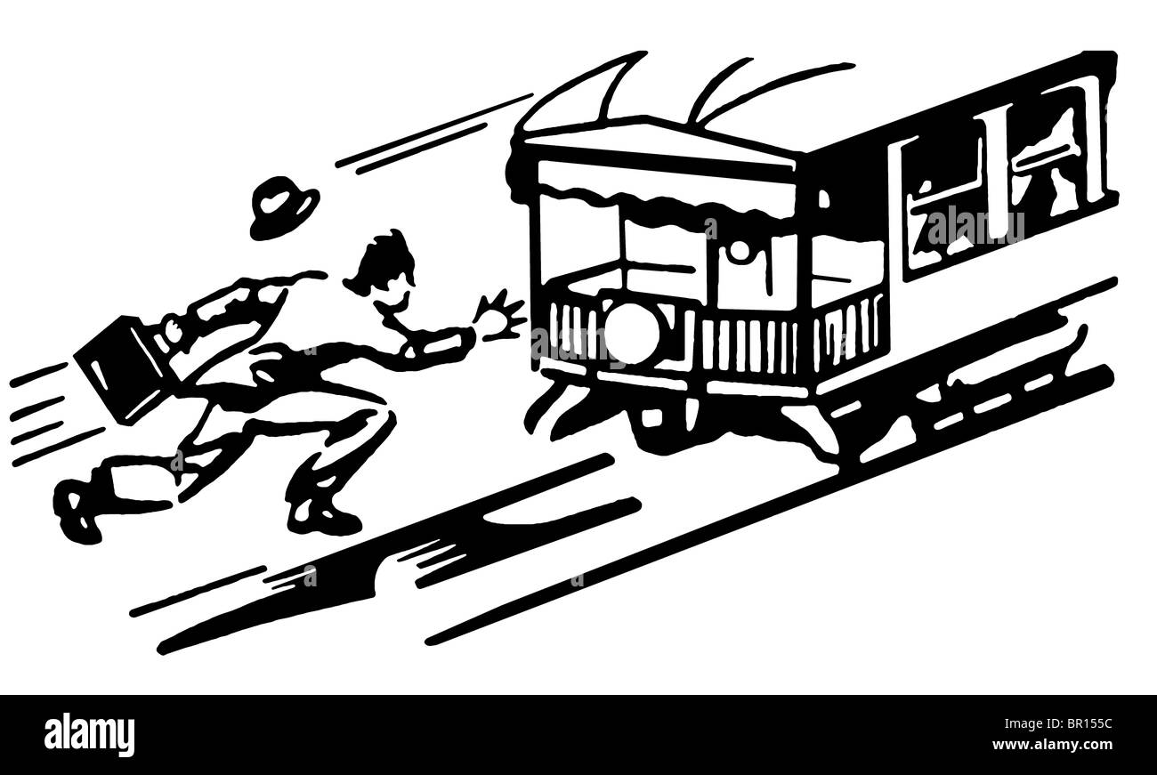 Eine schwarz-weiß Version einer Vintage Illustration eines Mannes für eine Straßenbahn ausgeführt Stockfoto
