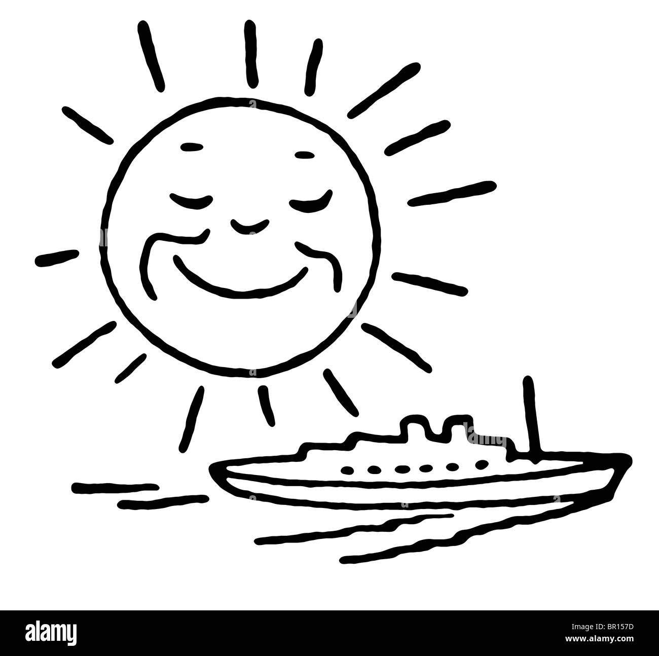 Eine schwarz-weiß Version ein Comic-Bild eine lachende Sonne über ein Schiff Stockfoto