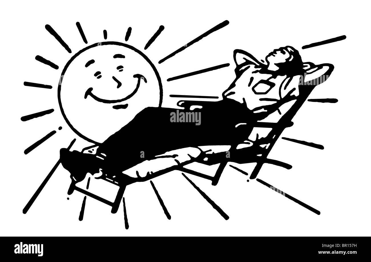 Eine schwarz-weiß Version von einer Cartoon-Sonne über eine Person, die in der Sonne aalen Stockfoto