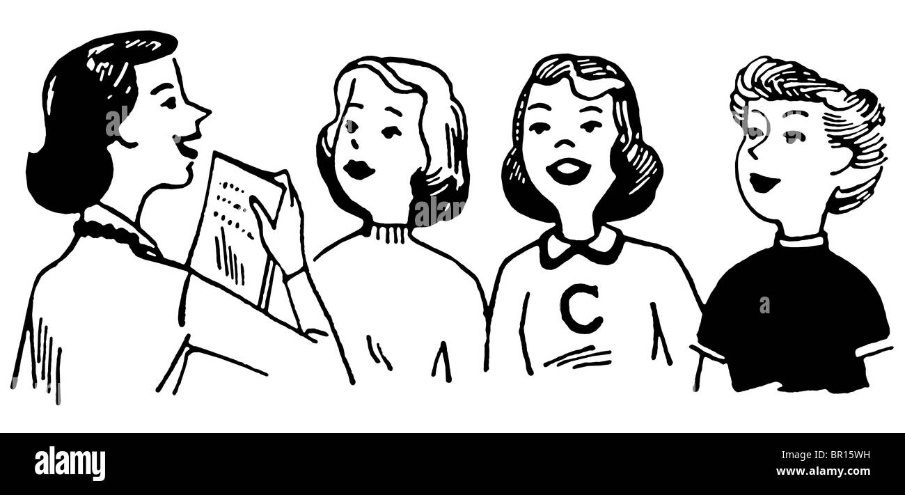 Eine schwarz-weiß Version einer Vintage-Stil Illustration einer Gruppe von Frauen Stockfoto