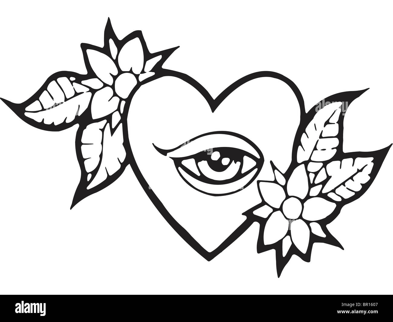 Eine schwarz-weiß Version einer Schablone ein Herz mit Auge und Blumen Stockfoto