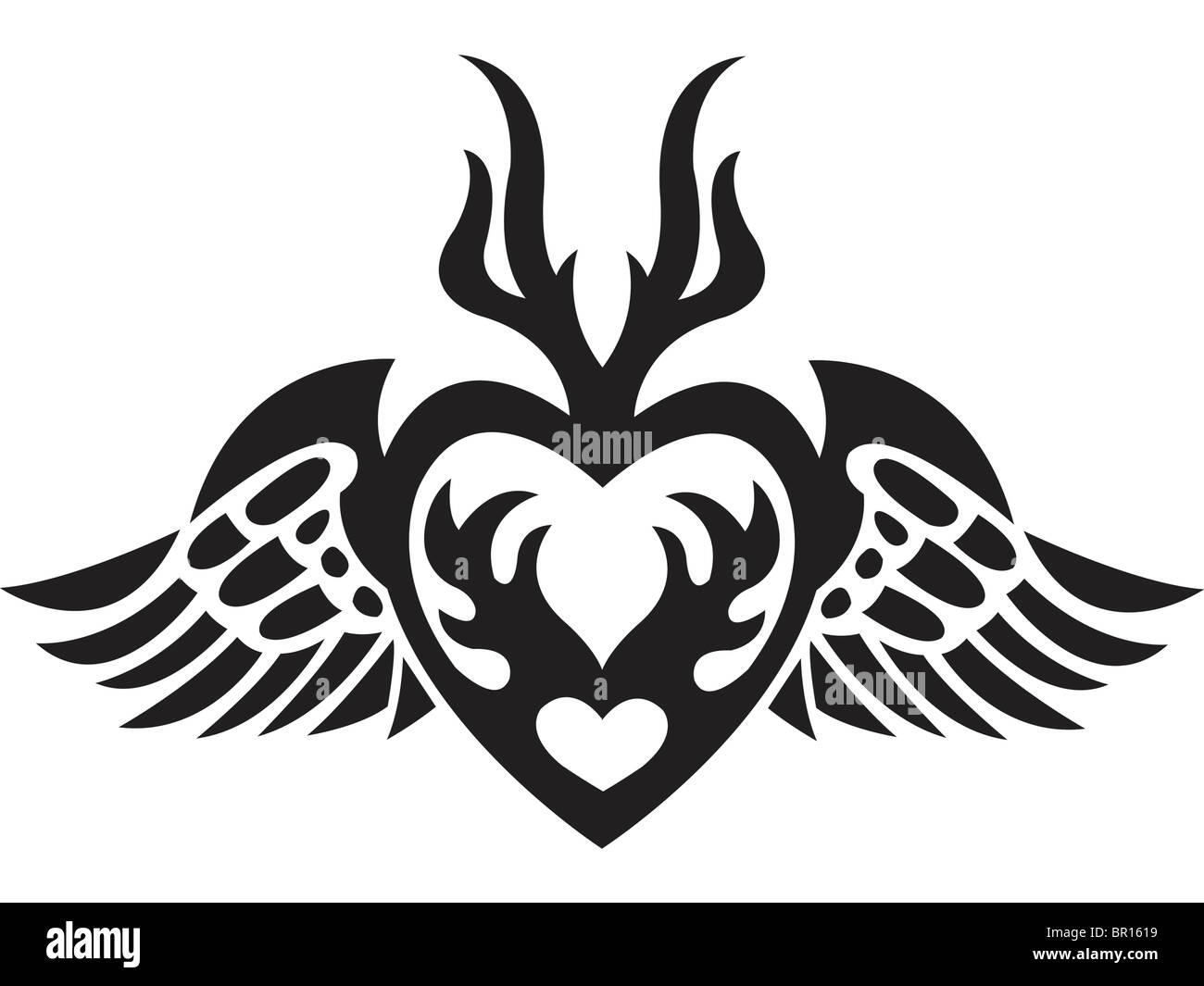 Eine schwarz-weiß Version einer Schablone ein Herz mit Flügeln Stockfoto
