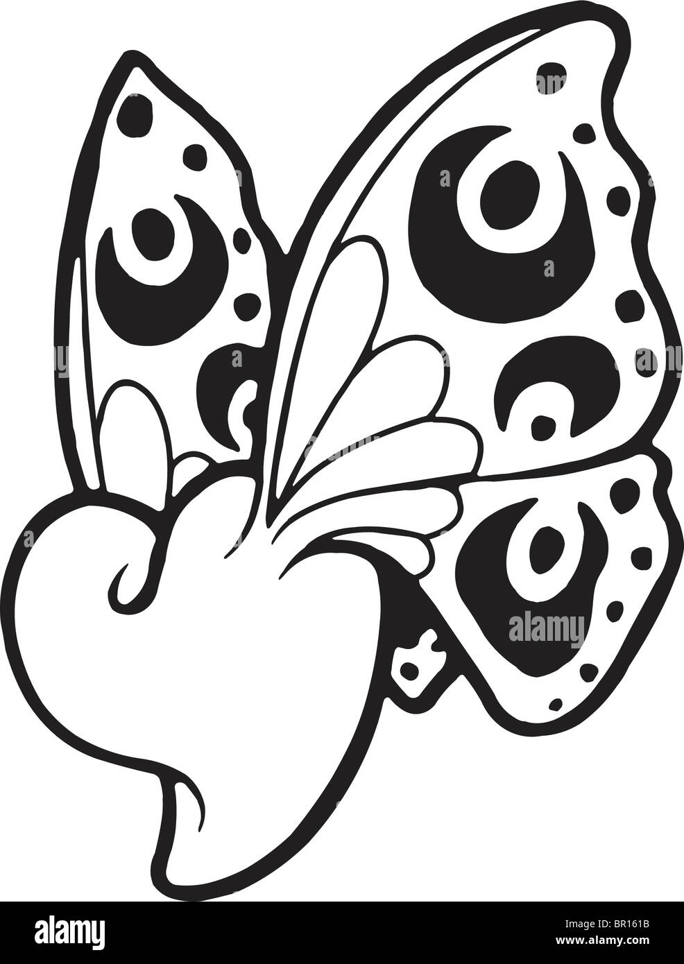 Eine schwarz-weiß Version einer Schablone eines Herzens mit Schmetterlingsflügeln Stockfoto