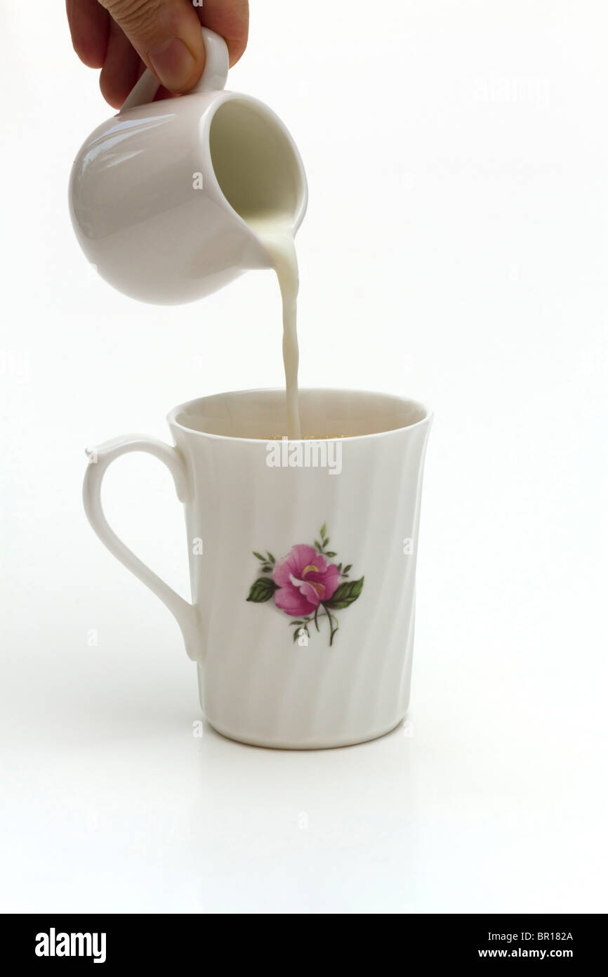 Gießen Milch in ein heißes Getränk in einem weißem Porzellan China Becher auf weißem Hintergrund Stockfoto