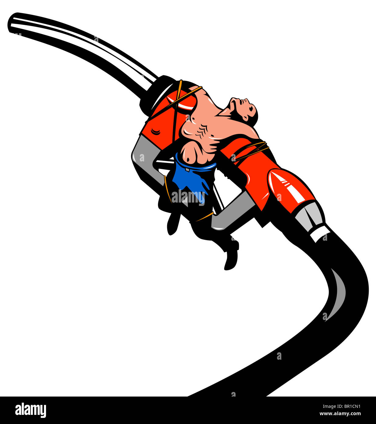 Retro-Stil Illustration einer Benzin Kraftstoff Pumpe Tankstelle Düse mit ausgemergelten Mann gebunden, es isoliert auf weißem Hintergrund Stockfoto
