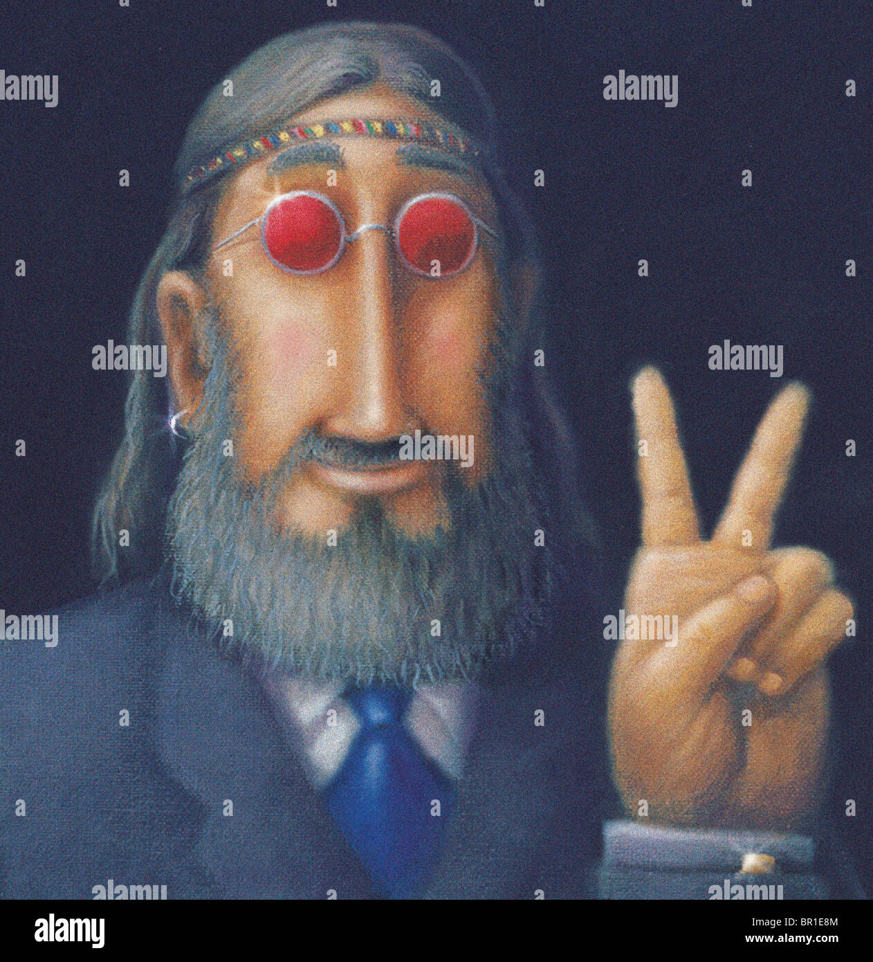 Ein Hippie-Geschäftsmann mit dem Peace-Zeichen Stockfoto