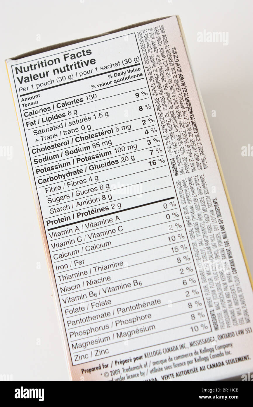 Box-Ernährung-Lebensmittel-Etikett Stockfoto