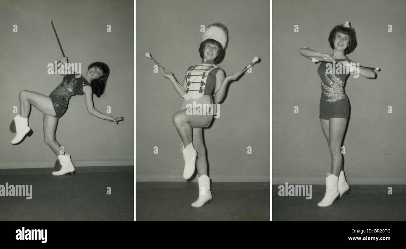 Drei Vintage-Fotografien (alle ca. 1964) eine Frau, 20-25 Jahre alt, im Kostüm als ein Majorette. Stockfoto