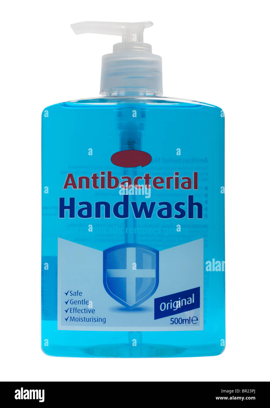 Flasche Antibakterielle Handwäsche auf weißem Hintergrund Stockfoto