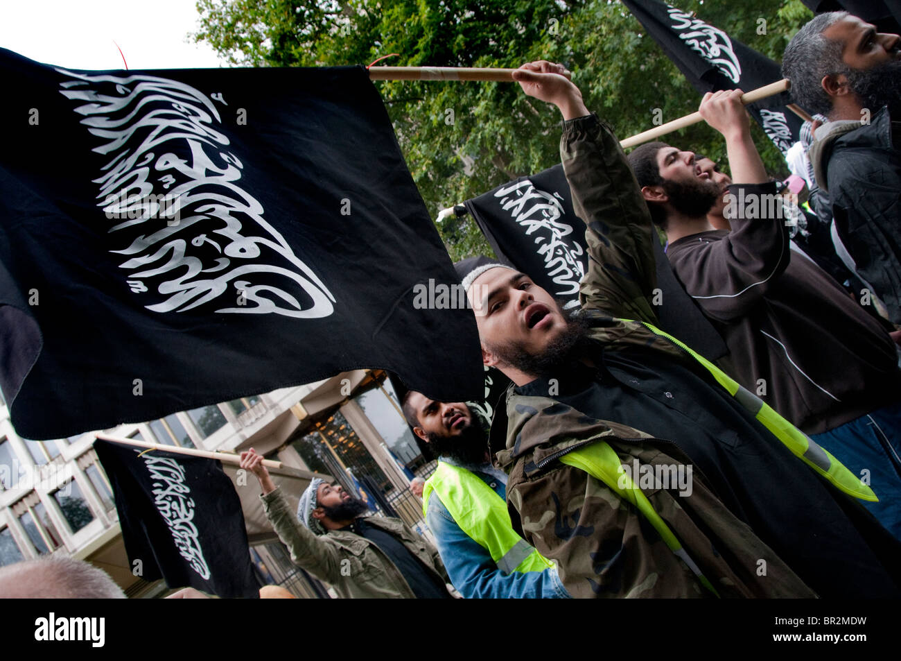 Extremistengruppe "Muslime gegen die Kreuzzüge", unter der Leitung von Anjem Choudary hielt einen Protest gegen die bedrohte Verbrennung des Korans Stockfoto