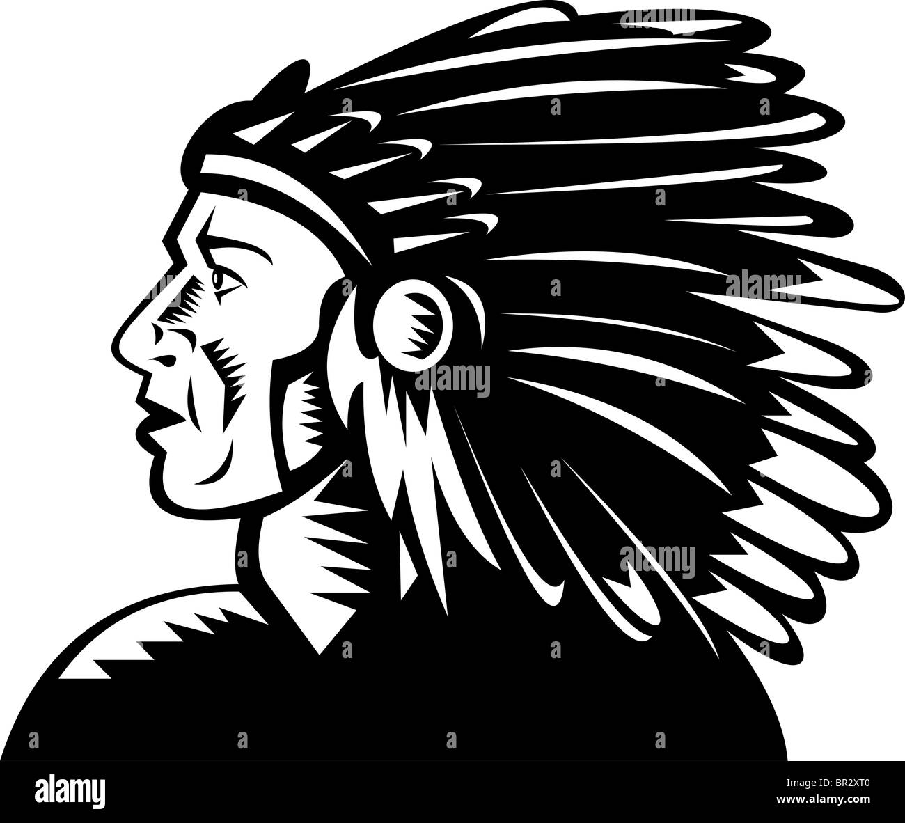 Indianer Häuptling mit Kopfschmuck Holzschnitt Stil Stockfoto