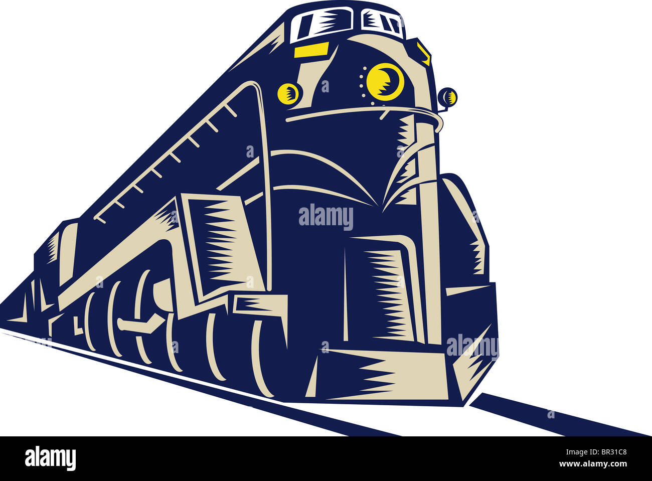 Dampflok Zug kommend in Richtung des Betrachters in Retro-Holzschnitt Stil getan. Stockfoto