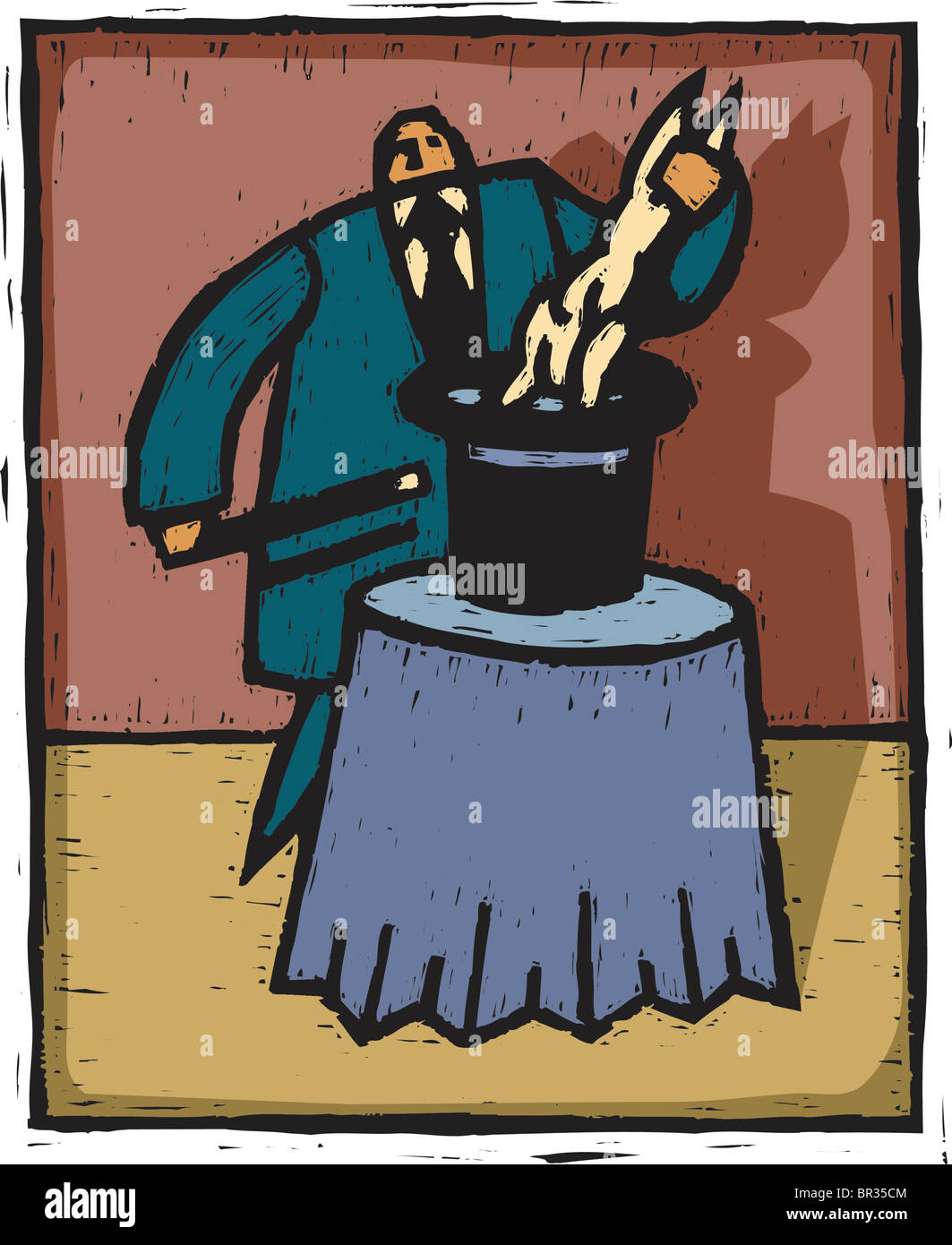 Ein Mann, einen Zaubertrick durchführt, indem ein Kaninchen aus dem Hut ziehen Stockfoto