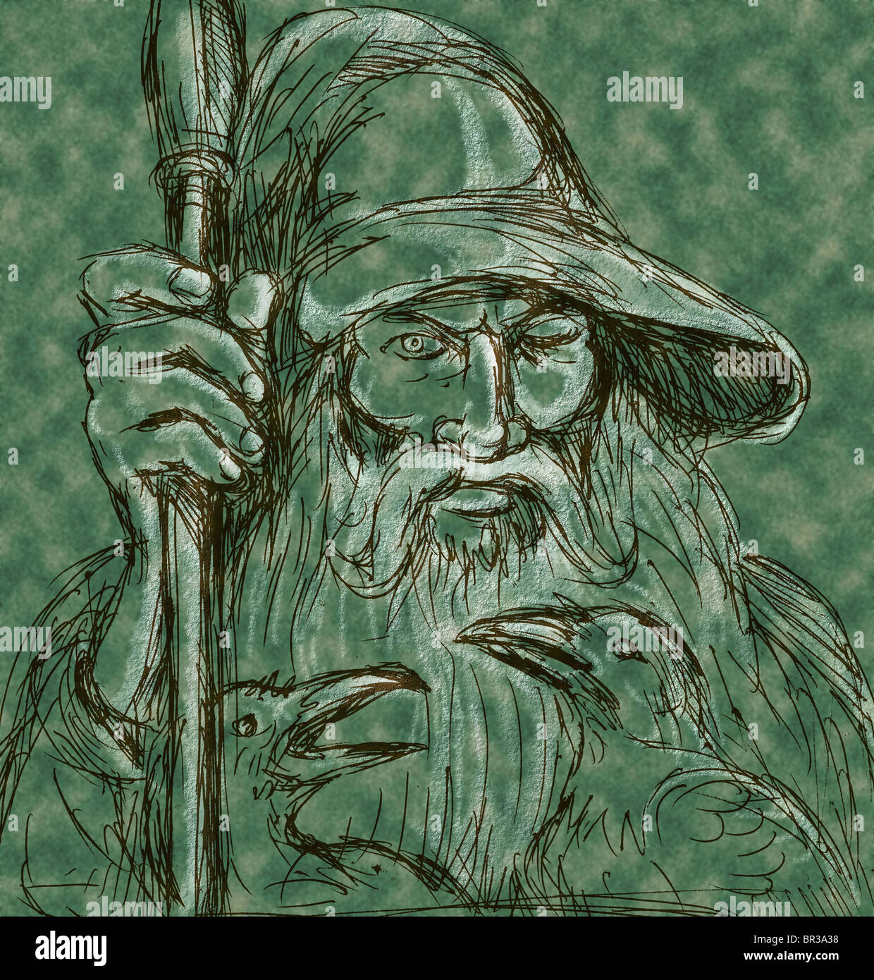 skizzierte Darstellung der nordischen Gott Odin Holding Speer mit Raben die Hand Stockfoto