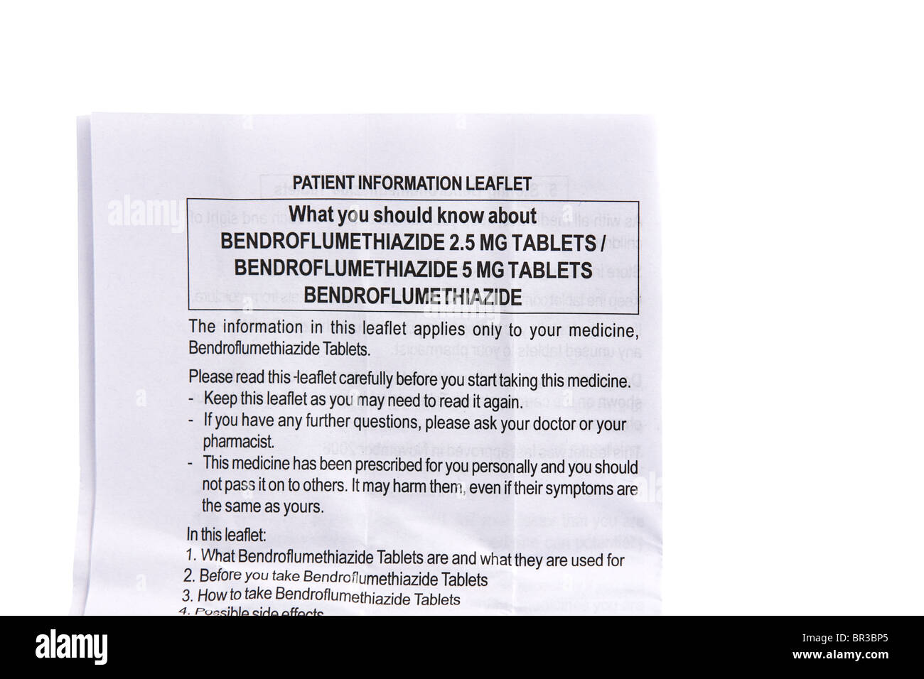 Packungsbeilage Informationen aus einem Paket von Bendroflumethiazid Tabletten. Stockfoto