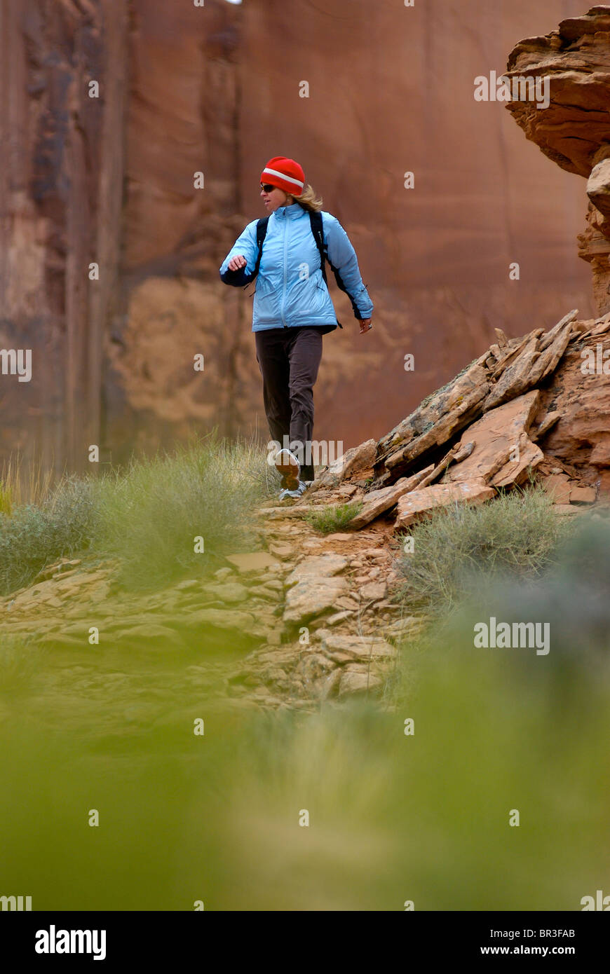 Eine Frau, Wandern in Kane Creek, Utah. Stockfoto