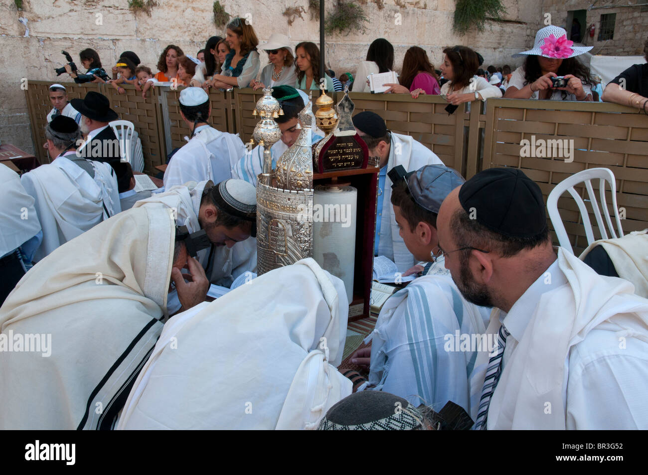 jüdische Männer beten mit Thora Blättern an westliche Wand. Jerusalem Stockfoto