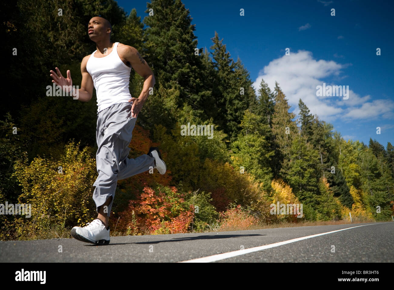 Afrikanische amerikanischer Mann, Amor Alexander läuft auf Trail in der Nähe von Mt. Hood in den Cascade Mountains, Oregon. Stockfoto